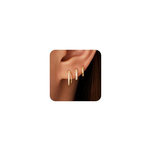 Inerney Gold Huggie Hoop Earrings Set for Women, Dainty 14K Plated Small Open Double Hoops Stacks Hypoallergenic Jewelry for Multiple Piercings, Trendy Mini Cartilage Earring Gift for Sensitive Ears