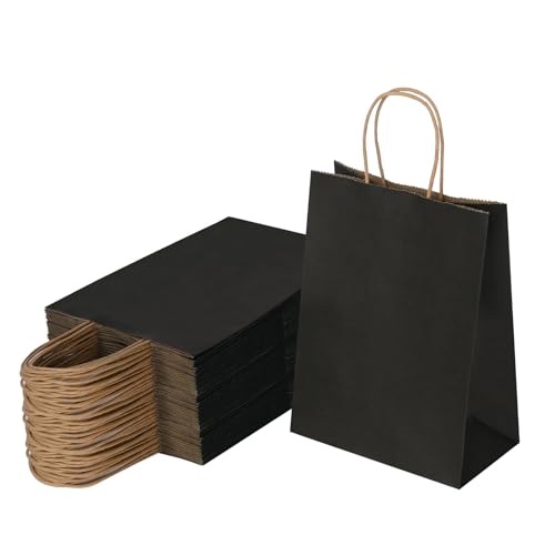 Joybe 50 Pack 5.95x3.25x8 Inch Small Black Paper Bags with Handles Bulk Kraft Paper Gift Bags for Birthday Party Favors Grocery Retail Shopping Business Goody Merchandise Craft Blank Sacks (50pcs)