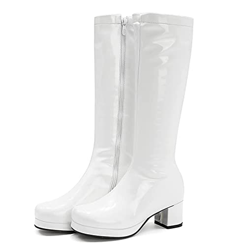 CELNEPHO Women's Fashion Knee High Boots, Round Toe Slim Chunky Mid Heel Platform Costume Mid Calf Go Go Boots For Christmas3