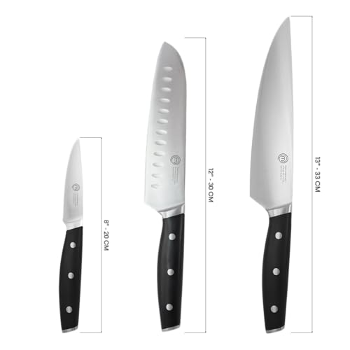 MasterChef Chef Knife Set of 3 Professional Quality Kitchen Knives (Chef, Santoku & Paring) for Precision Home Cooking, High Carbon Stainless Steel Blades & Triple Riveted Handles