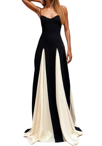 DINGANG Womens Elegant Sleeveless Color Block Long Dress Backless Pleated Patchwork Swing Flowy Maxi Dress
