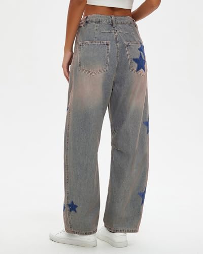 LifeShe Star Barrel Wide Leg Jeans Women Loose Printed Boyfriend Mid Rise Baggy Denim Pants3