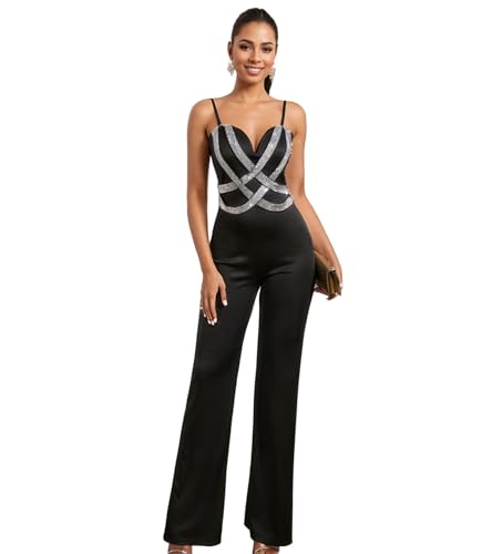 Image of Jigfar Women Sexy Sparkly Rhinestone Spaghetti Straps Bodycon Jumpsuit Wide Leg Deep V Neck Party Club Night Outfit(FK3388,Black,L)