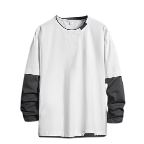Fashion Loose Fit Long Sleeve T Shirt for Men Oversized Fake Two-Piece Round Neck Outdoors Commute Pullovers Casual Ins Color Block Lightweight Camping Climbing T Shirts White