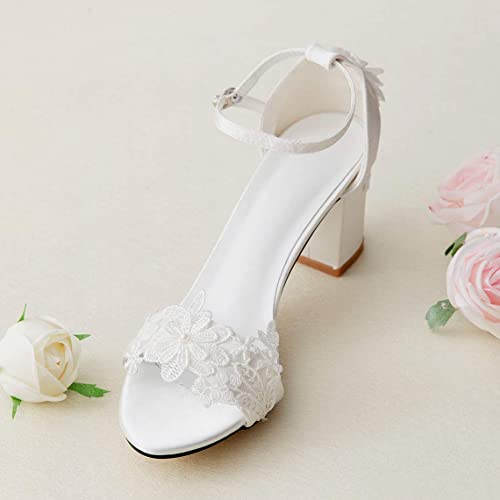 Women's Bridal Shoes Open Toe Comfortable Mid Block Heel Lace Satin Ankle Strap Wedding Dress Pump Sandals3