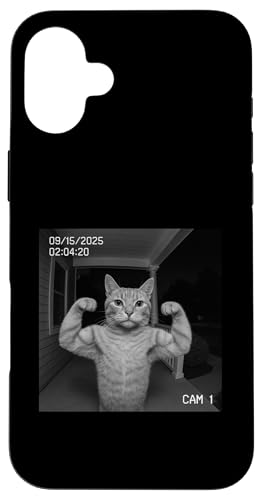Funny Cat Flexing On Security Camera スマホケース iPhone 16 Plus 用