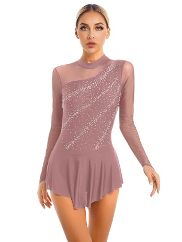 CHICTRY Eiskunstlauf Kleider Damen Langarm Strass Glitzer Rollschuhkleid Mesh Spleiß Ballettkleid Cut Out Gymnastikbody Mit Wickelrock Dancewear...