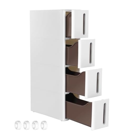 SONGMICS Nischenregal mit Rollen, Rollwagen mit 4 Schubladen, 17,3 cm breit, Badregal schmal, Rollregal, Küchenregal, PP-Kunststoff, platzsparend, 45,2 x 17,3 x 84 cm, weiß-braun KFR08WT