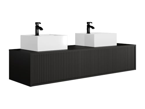 Vente-unique - Meuble de Salle de Bain Suspendu strié avec Double Vasque - Noir - 150 cm - ARNEGA