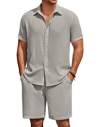 COOFANDY Mens Summer Beach 2 Piece Outfits Casual Vacation Cotton Linen Yoga Matching Set Short Sleeve Shirt and Shorts