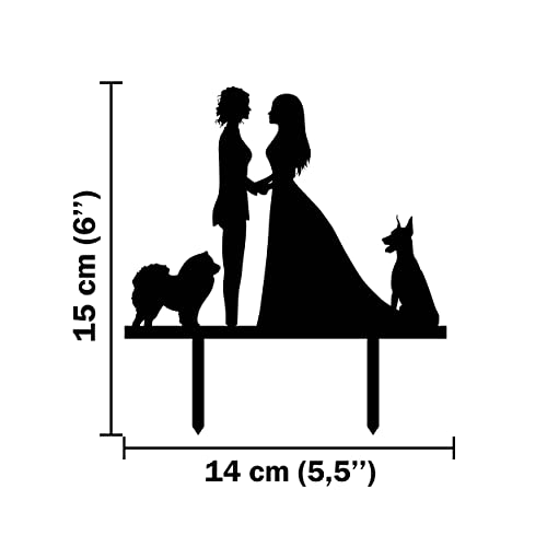 CARISPIBET wedding cake topper brides look at each other holding hands with two pet dogs at their sides - Image 2