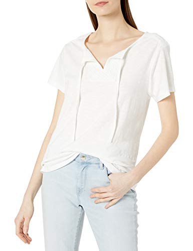 Hanes Women's Short Sleeve Henley Tee with Crochet Trim, White, Large