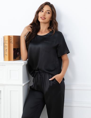 Image of THXSILK Mulberry Silk Womens Pajama Set with Pocket, 2 Piece Lounge Sets for Women, Short Sleeve Sleepwear