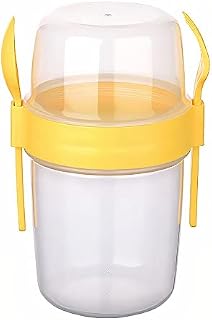 Shopivaa The Original Take & Go XL 1100ml Yoghurt Pot For Breakfast Granola Muesli Cereal Overnight Oats Salad Yogurt Pot to go with Spoon Fork Lid Leakproof Plastic Dishwasher Safe (Yellow)