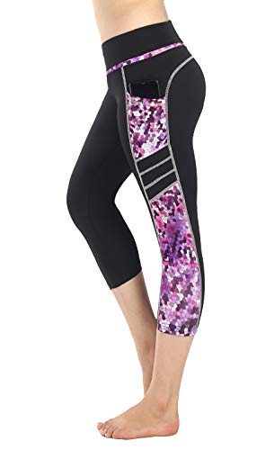 New Mincc 3/4 Pantalon Sport Leggings Basique pour Femme Imprimé Motif avec Poche Yoga Fitness Push-up Legging Minceur (Paillette 088 L)