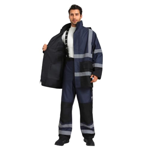 Image of 3-Piece Hi-Vis Rain Suit, Safety Jacket with Hood & Bib Overalls