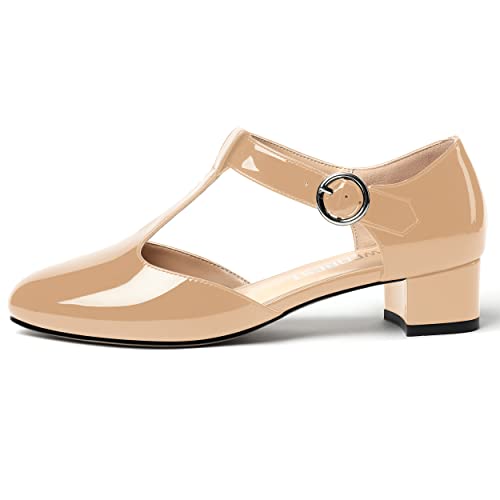 SHOWFOREST Women's Buckle Cute Office T Strap Patent Round Toe Cut Out Chunky Low Heel Pumps Shoes 1.5 Inch2