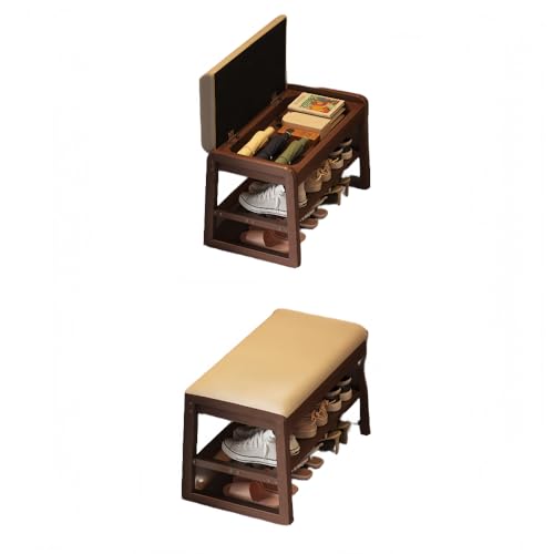 HOTGEEJP玄関ベンチ 靴棚 木製 無垢材 長椅子 シューズラック木製 PU スツール 腰掛け 省スペース 組み立て簡単 靴収納 玄関スツール 収納 (ウォルナット色,100*34*40cm)