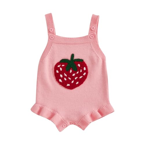 SYOKUP Baby Girl Knit Romper Summer Sleeveless Strawberry Crochet Bodysuit One Piece Jumpsuit Infant Newborn Girls Overalls Outfit (Pink, 3-6 Months)