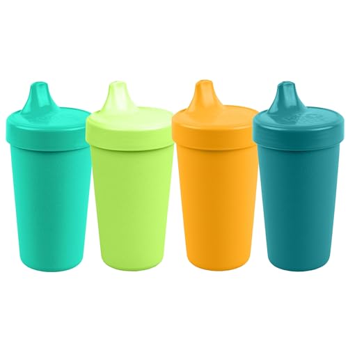 Re-Play Spill-Proof Sippy Cups for Toddlers - Kids Reusable 10 Oz Set of 4, Dishwasher & Microwave Safe, Made in USA, Aqua Asst.