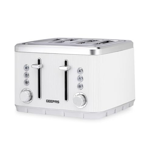 GEEPAS 4 Slice Toaster | 7 Browning Levels Eject Defrost Reheat Function | For Thin Small Bread Slice Removable Crumb Tray High Lift Lever | Space-Saving Design | 2 Yr Warranty 1860W Arcus White