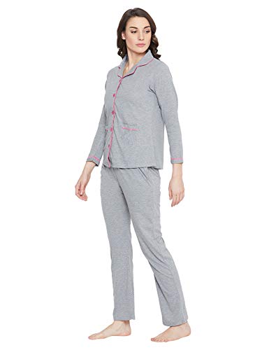 Image of Clovia Cotton Button Down Shirt & Pyjama Set