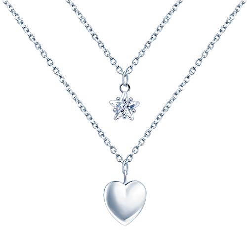 MICSAVI cadena doble para mujer de plata de ley 925, estrella y luna, estrella y corazón, Zirconia cúbica Plata esterlina, Circonia cúbica