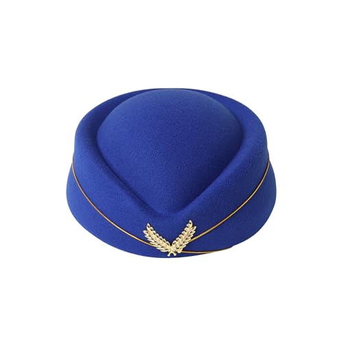 Blue Stewardess Hat Felt Womens Airline Uniform Beret Hat Vintage Air Hostess Cap for Costume Cosplay Performance Accessories