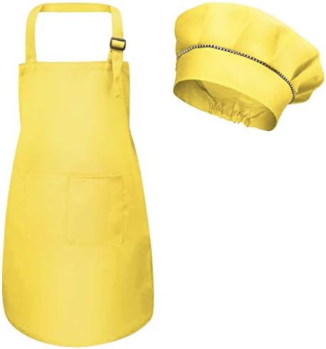 Kids Apron and Chef Hat Set, Adjustable Children Chefs Apron with Pockets for Boys Girls, Toddler Kitchen Garden Bib Aprons for Cooking Baking Painting Crafting Wear (M for 3-6 Age) (White)