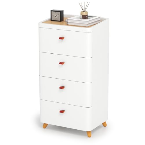 KOMFOTTEU Commode à 4 Tiroirs en Plastique, Plateua supérieur en Bois, Armoire à Tiroirs...