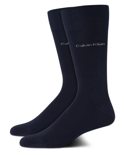 Calvin Klein Mens Dress Socks - 2 Pairs Egyptian Cotton Blend Comfort Stay Up Cuff Crew Socks for Men (7-12), Size 7-12, Navy
