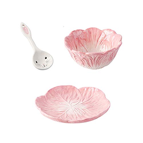 Espicades Cabbage Series Cartoon Ceramic Dinner Bowl&Plate with Spoon Set-Pink/Green(1 Bowl+1 Plate+1 Spoon) Set of 3