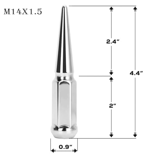 DYNOFIT 14 mm x 1.5 Wheel Spike Lug Nuts, 24 x Chrome M14x1.5 Lug Nut, Cone/Conical Bulge Seat, DYNOFIT Silver Closed End Nuts with 1 Socket Key for Chevy Silverado Aftermarket Wheel - Thumbnail 2
