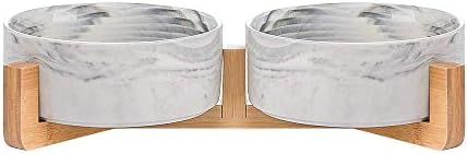 HCHLQLZ White Ceramic Cat Dog Bowl Dish with Wood Stand No Spill Pet Food Water Feeder Cats Small Dogs Set of 2
