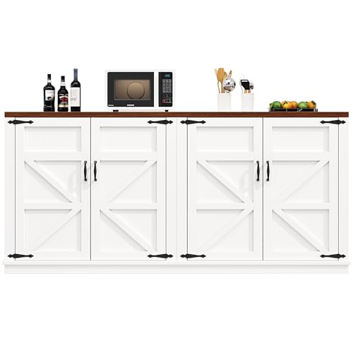 Azkoeesy Aparador blanco de estilo rústico con cuatro puertas, 160 x 40 x 85 cm, 4 estantes ajustables en altura, armario de cocina, armario buffet, mueble de TV, diseño antivuelco, encimera de color