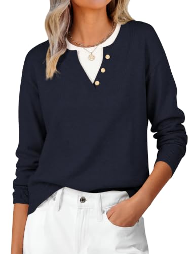 Image of ANRABESS Sweaters for Women 2026 Fall Long Sleeve Lightweight Pullover Tops | 2 in 1 Faux Layer Crew Neck, Cozy Soft Skin Friendly Button Sweater Tops, Business Casual Office Daily Knit Outfit for Winter