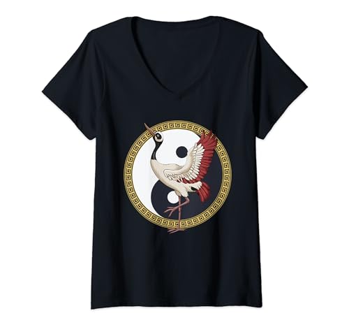 Mujer Arte de la grúa de Tai Chi Yin, Yang, Qi Gong, obras de arte de grúas chinas Camiseta Cuello V
