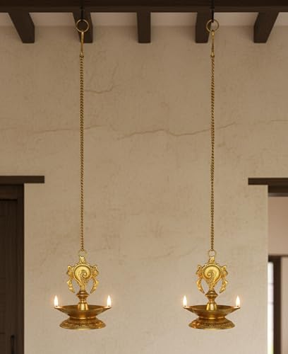 StonKraft Pair of Brass Hanging Diya Deepak Deepam Oil Lamp For Home and Office - 25.75" Inches - Golden