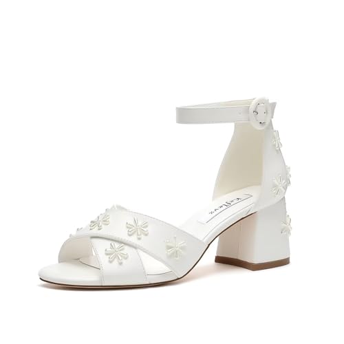 Pearl Heels Open Toe Wedding Shoes for Bride Block Heel Wedding Sandals Ankle Buckle Strap Bridal Shoes