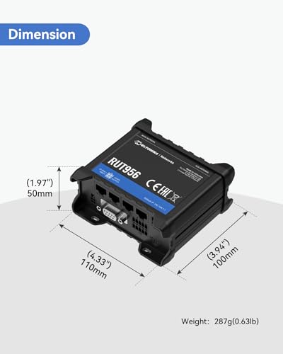 Image of Teltonika RUT956A00A00 Industrial 4G LTE Cat4 Cellular Router, 4 Ethernet Port, Dual SIM Cards, RS232 and RS485, USB and GNSS, Certified by Verizon, AT&T and T-Mobile
