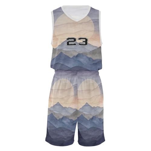 FLildon Watercolor Mountain Landscape Boys Basketball Jersey Set Tank Top Shorts Tracksuit Sport Training Suit for Kids, S