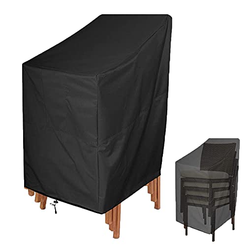 COOSOO High Back Stackable Chair Cover Patio Waterproof Chair Storage Bag Outdoor Furniture Cover Lounge Deep Seat Protection with Windproof Elastic for Garden Black