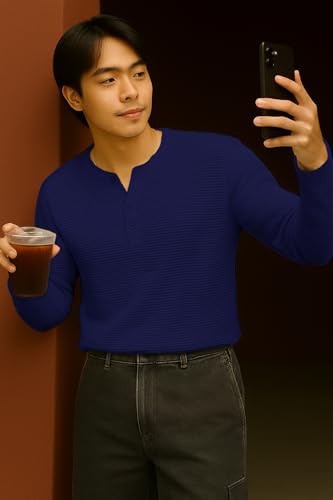 Image of Men's Solid Slim Fit Full Sleeve Henley Neck Rib Textured Cotton Blend T-Shirt | Casual & Office Wear | Daily & Travel use