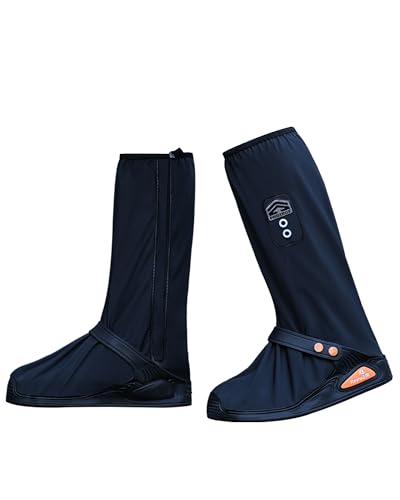 RINJOY Black Waterproof Shoe Covers with Side Zipper Non-Slip Foldable Raingear Motorcycle Rain Boots Shoe Cover