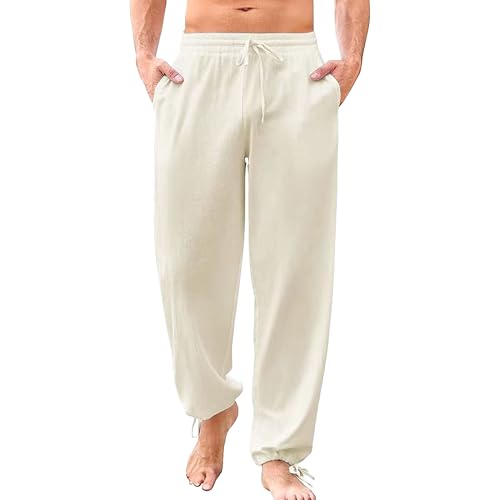 Pantalones de yoga con cintura elástica para hombre, pantalones elásticos cónicos, holgados, casuales, ligeros, con cordón, pantalones de playa, color blanco 2, talla M