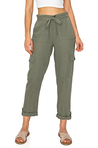 Cali1850 Women's Paper Bag Linen Pants – High Waisted Elastic Waistband Self Tie Belt Oceanside Beach Trousers with Pockets