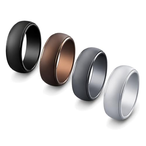 Cabepow Silicone Wedding Rings for Men (4 Pack) Size 10 - Step Edge Rubber Wedding Bands for Gym, Workouts, Electricians & Work - Multi-Color
