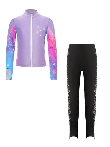 Nyeemya Girls Figure Ice Skating Training Suit Skating Practice Jacket Outerwear with Rhinestones Leggings Set Purple 9-10 Years