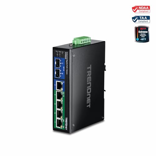 Image of TRENDnet 7-Port Industrial Gigabit PoE+ DIN-Rail Switch (12 - 56V), TI-PG62B, 4 x Gigabit PoE+ Ports, 1 x Gigabit Port, 2 x Gigabit SFP Ports, NDAA+TAA Compliant, Lifetime Protection