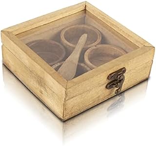 Handmade Wooden Seasoning Herb Spice Masala Box Container Holder Rack Stand Caddy With Spoon & Clear Lid Decorative Storage Chest Organizer For Kitchen Pantry Cabinet Drawer Storage 15 x 15 cms